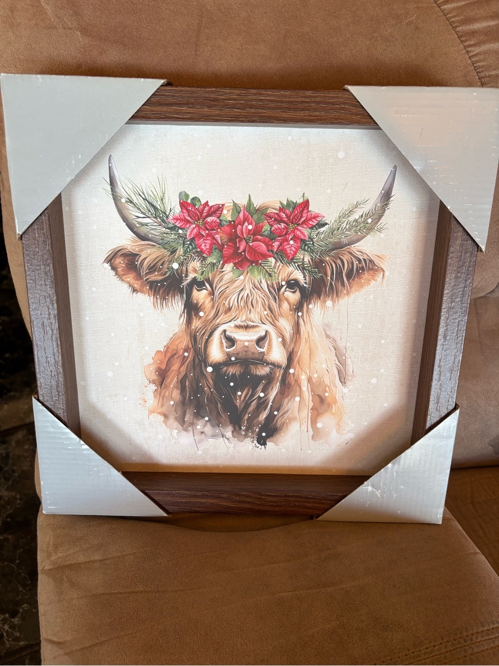 Framed Highland Cow Holiday Wall Art - Brown with Red Floral Wreath - Picture 1 of 6